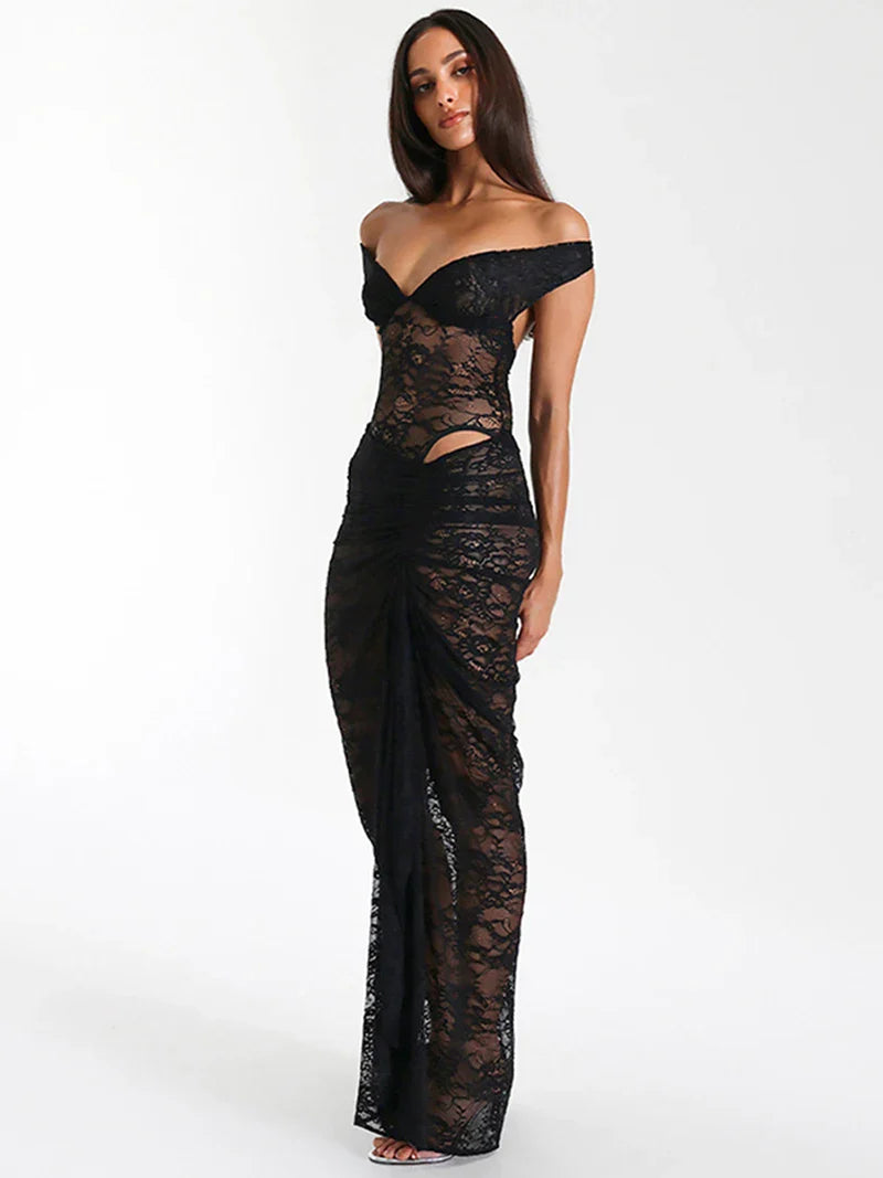 סט תחרה שקוף עם כתפיים חשופות וחצאית נשפכת דגם אביה