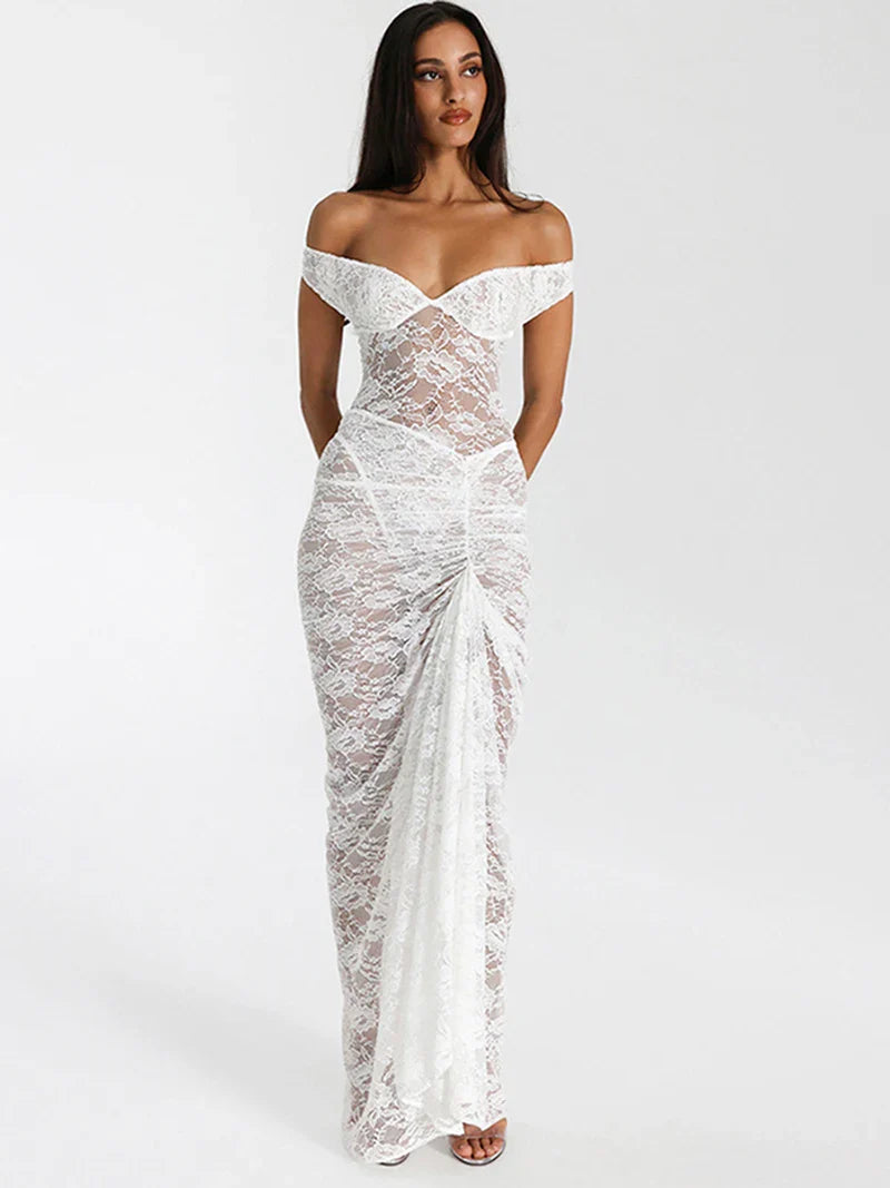 סט תחרה שקוף עם כתפיים חשופות וחצאית נשפכת דגם אביה