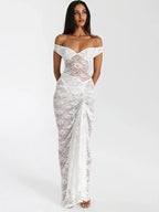 סט תחרה שקוף עם כתפיים חשופות וחצאית נשפכת דגם אביה