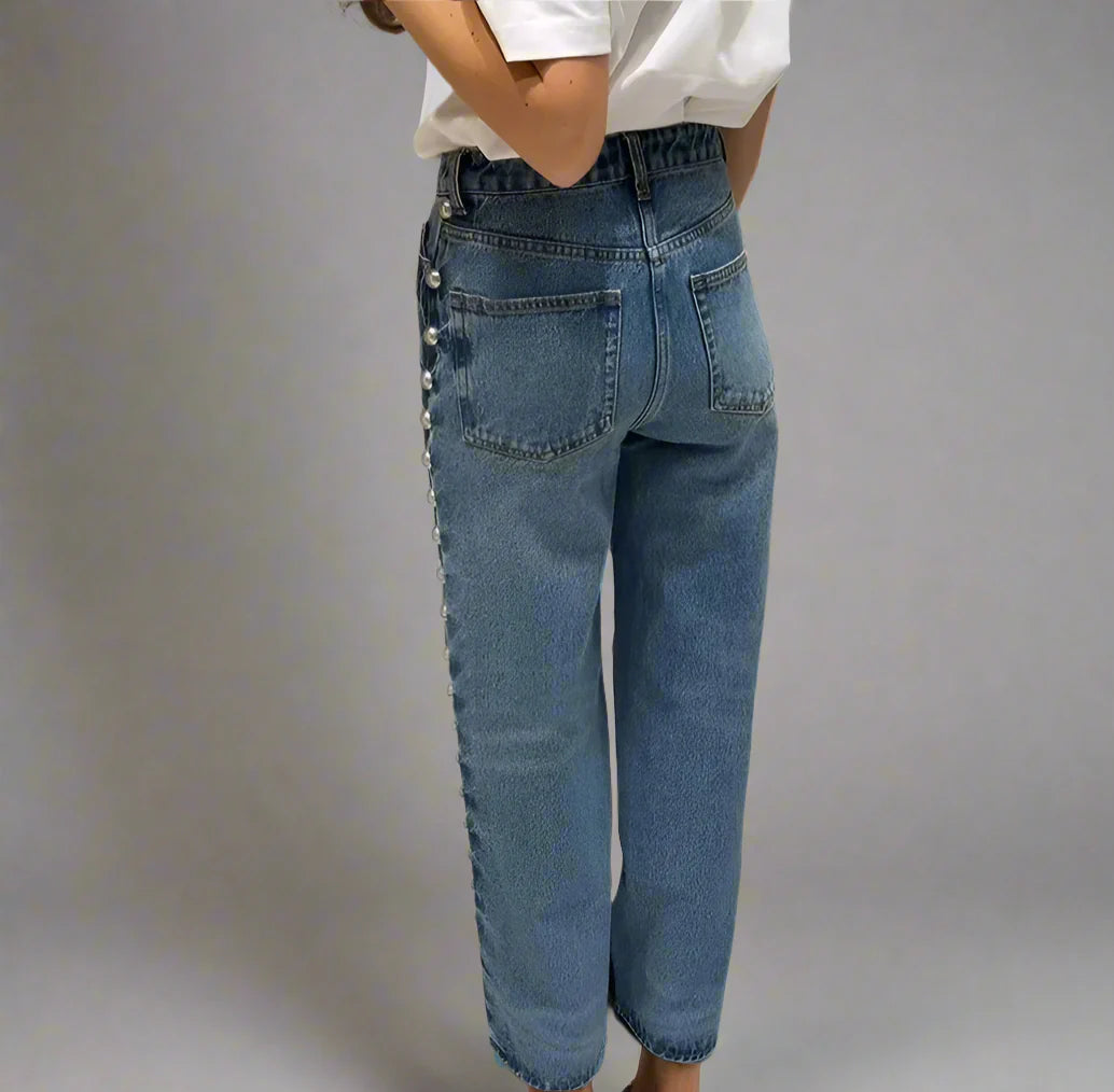 DAISY – ג'ינס בגזרה גבוהה עם פנינים בצד