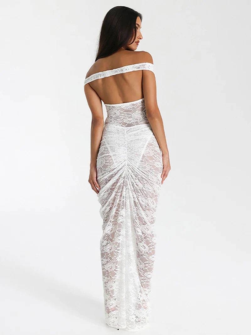 סט תחרה שקוף עם כתפיים חשופות וחצאית נשפכת דגם אביה