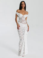 סט תחרה שקוף עם כתפיים חשופות וחצאית נשפכת דגם אביה