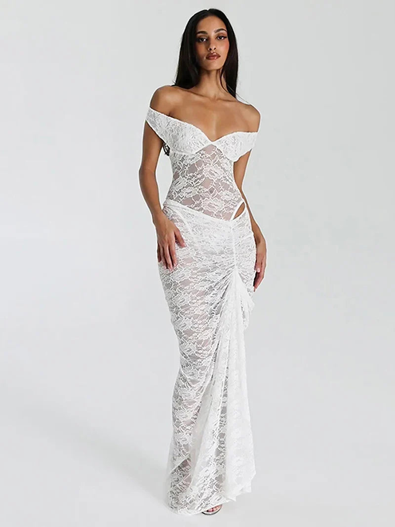 סט תחרה שקוף עם כתפיים חשופות וחצאית נשפכת דגם אביה