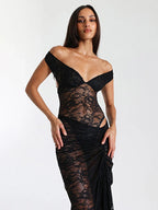 סט תחרה שקוף עם כתפיים חשופות וחצאית נשפכת דגם אביה