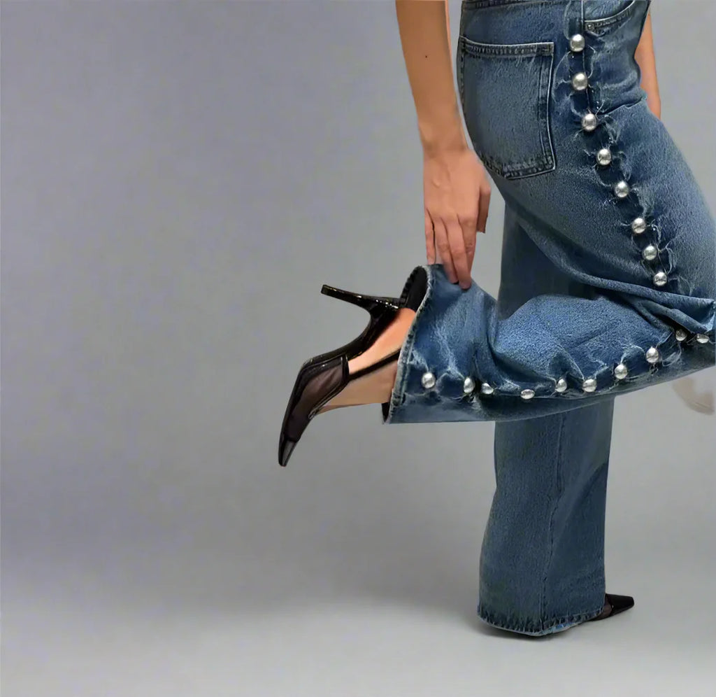 DAISY – ג'ינס בגזרה גבוהה עם פנינים בצד