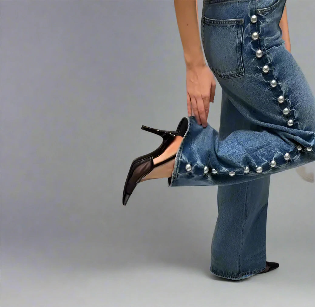 DAISY – ג'ינס בגזרה גבוהה עם פנינים בצד