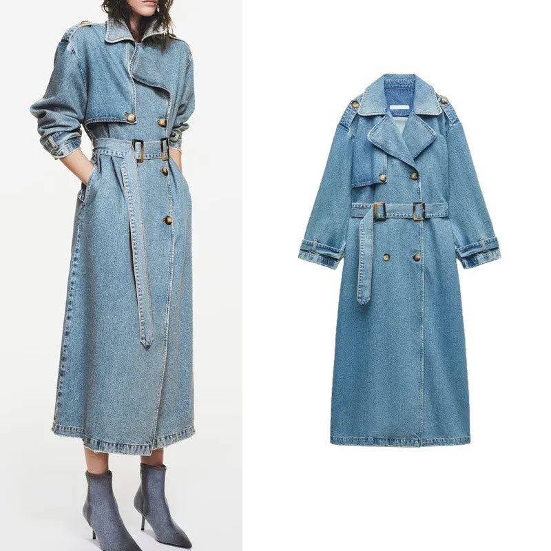 מעיל ג׳ינס ארוך בגזרת טרנץ׳ עם חגורה