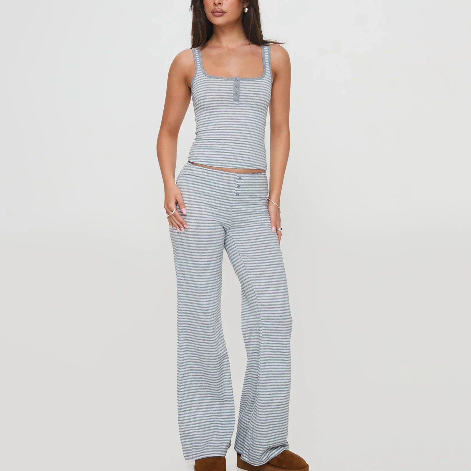 סט פסים Y2K עם גופייה ומכנסיים בגזרה נמוכה דגם גפן