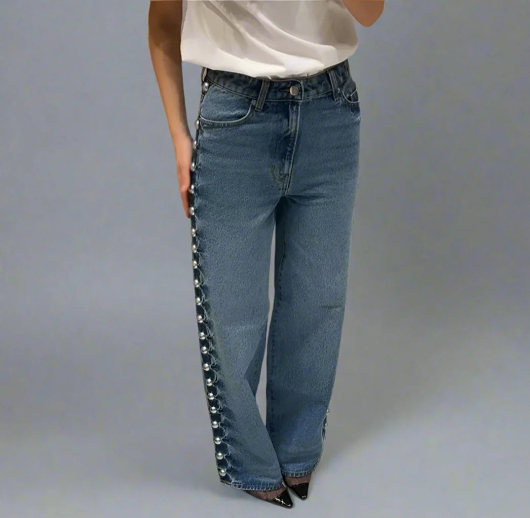 DAISY – ג'ינס בגזרה גבוהה עם פנינים בצד