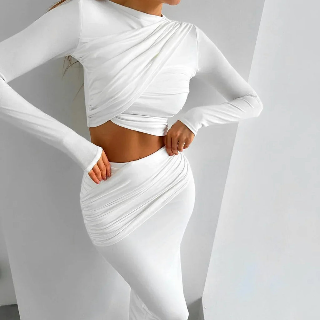 סט שני חלקים אלגנטי עם טופ קרופ וחצאית מחטבת דגם זהר