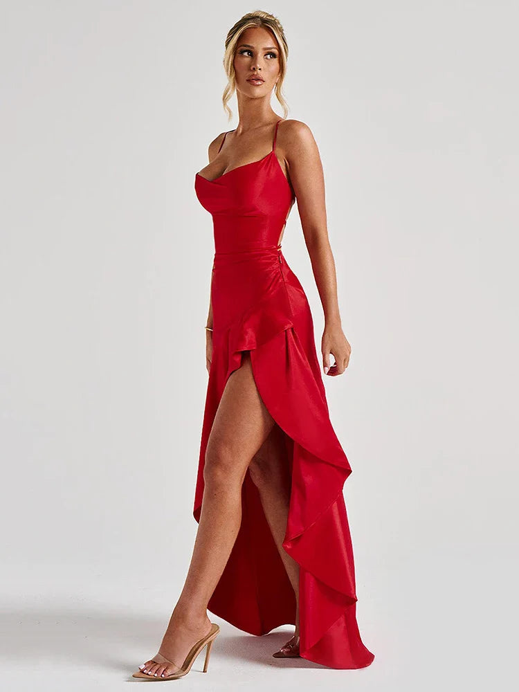 שמלת סאטן מקסי עם שסע דגם יפית