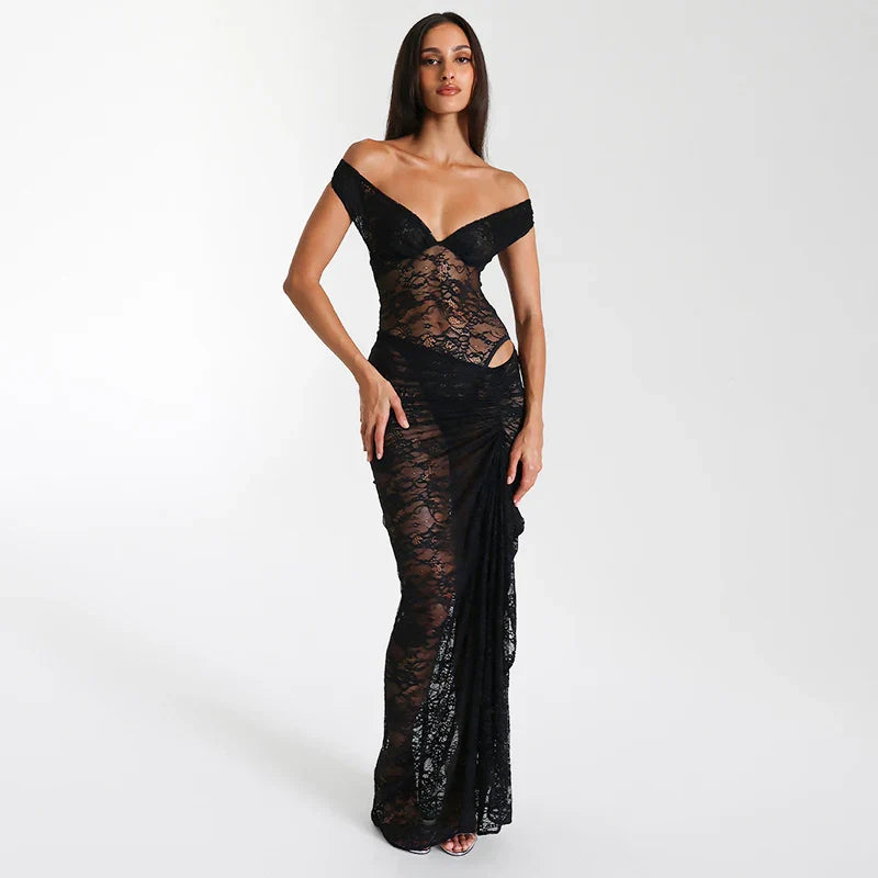 סט תחרה שקוף עם כתפיים חשופות וחצאית נשפכת דגם אביה